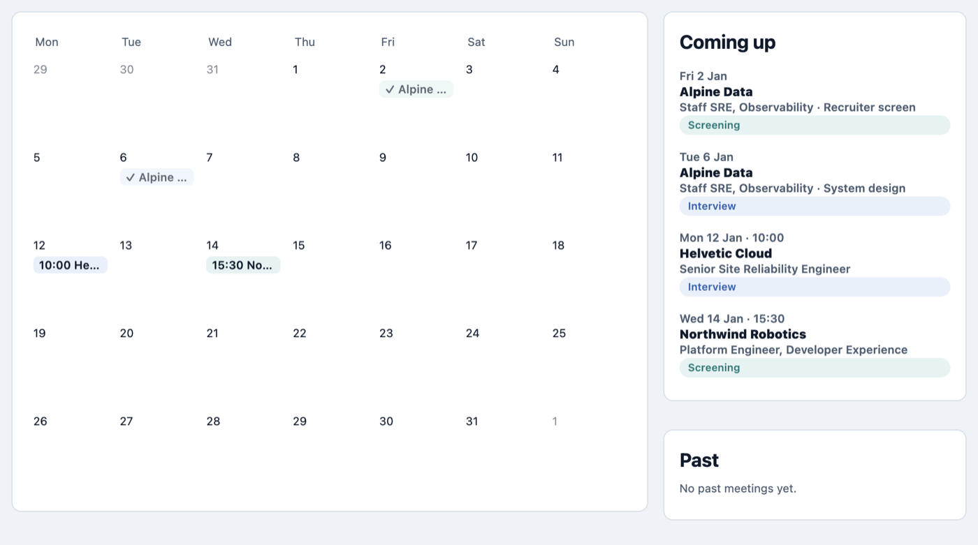 Calendar: a month grid with screenings and interviews, and a Coming up list beside it