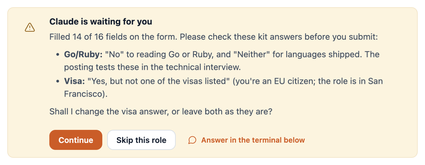 Card in the app: Claude waiting for you with two kit answers to check and Continue or Skip buttons