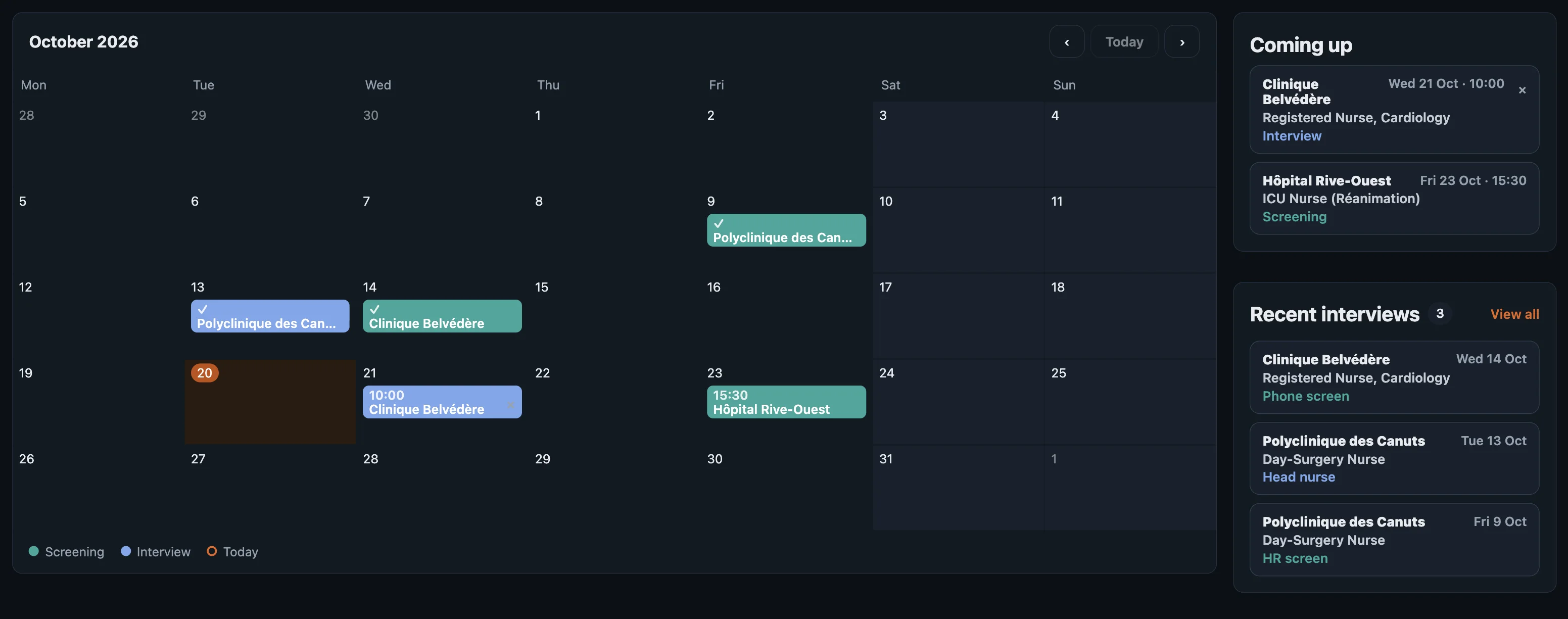 Calendar: a month grid with screenings and interviews, and a Coming up list beside it